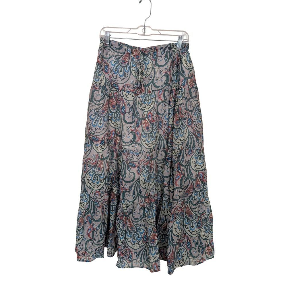 Ellison Womens Size L Paisley Tiered Maxi Skirt Blue Coral Boho Lined Festival